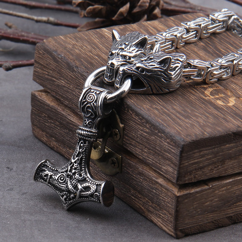 Stainless Steel Wolf Head with Square Chain Necklace